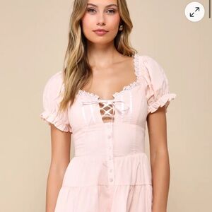 Lulu's Blush Lace-Up Puff Sleeve Dress
